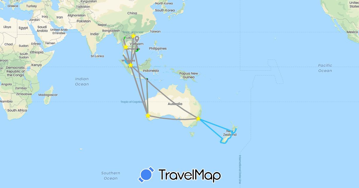 TravelMap itinerary: driving, plane, train, boat, private car in Australia, Indonesia, Malaysia, New Zealand, Singapore, Thailand, Vietnam (Asia, Oceania)