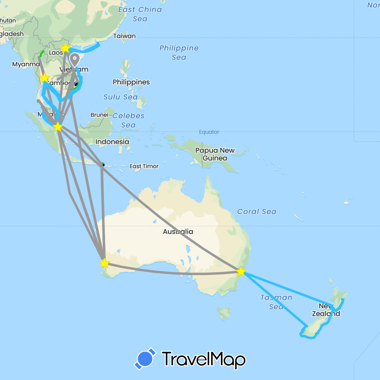 TravelMap itinerary: driving, plane, train, boat, private car in Australia, China, Indonesia, Cambodia, Malaysia, New Zealand, Singapore, Thailand, Vietnam (Asia, Oceania)