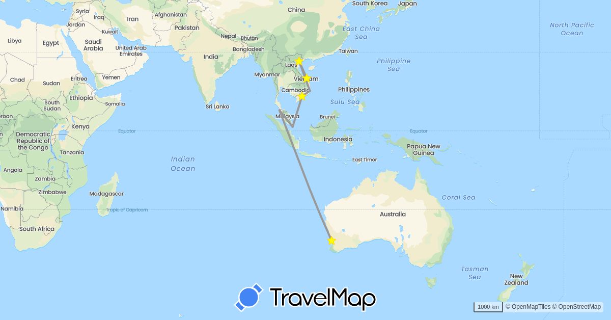 TravelMap itinerary: driving, plane in Australia, Malaysia, Singapore, Vietnam (Asia, Oceania)