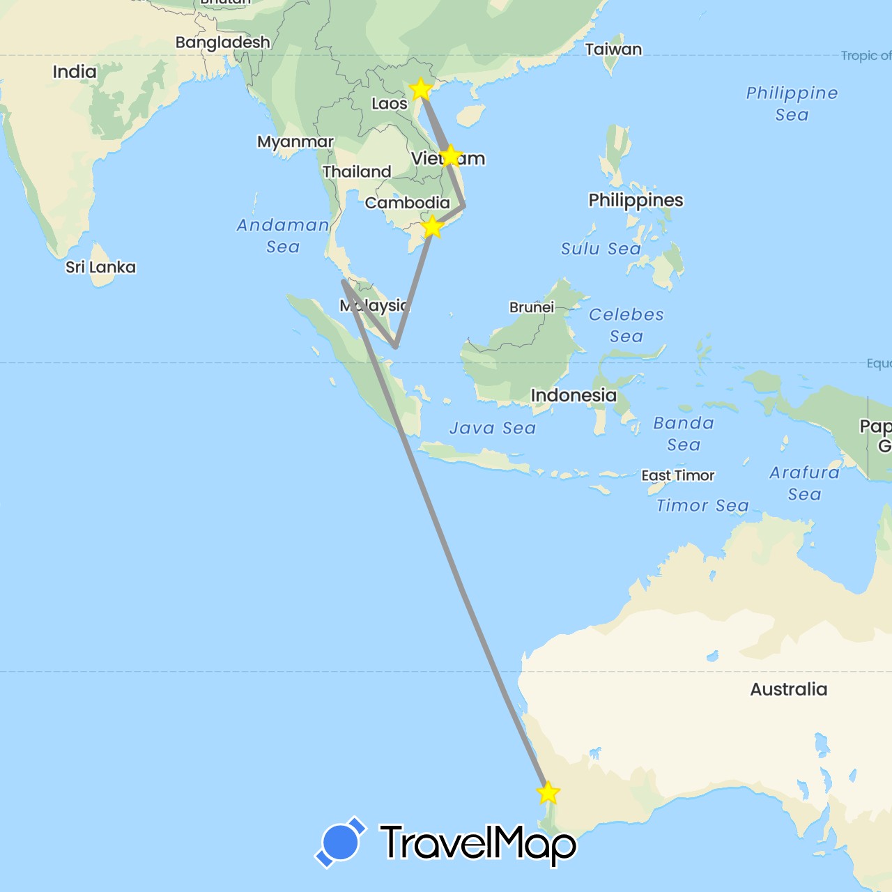 TravelMap itinerary: driving, plane in Australia, Malaysia, Singapore, Vietnam (Asia, Oceania)
